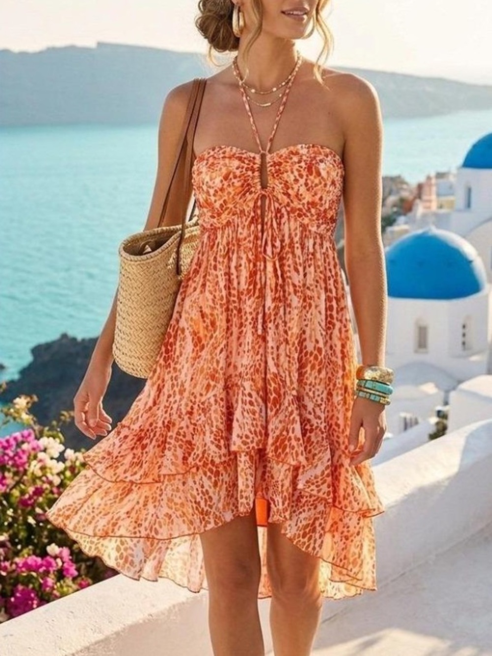 Poupette St. Barth 100% Silk Chiffon Halter Neck Mini Dress Size S Orange Ruffle